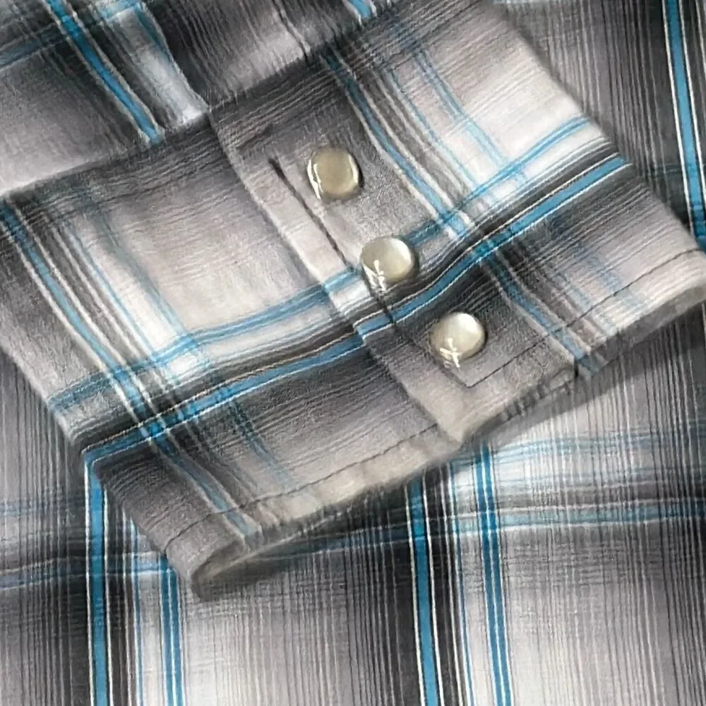 Wrangler 2XL black gray turquoise plaid pearl snap western shirt
